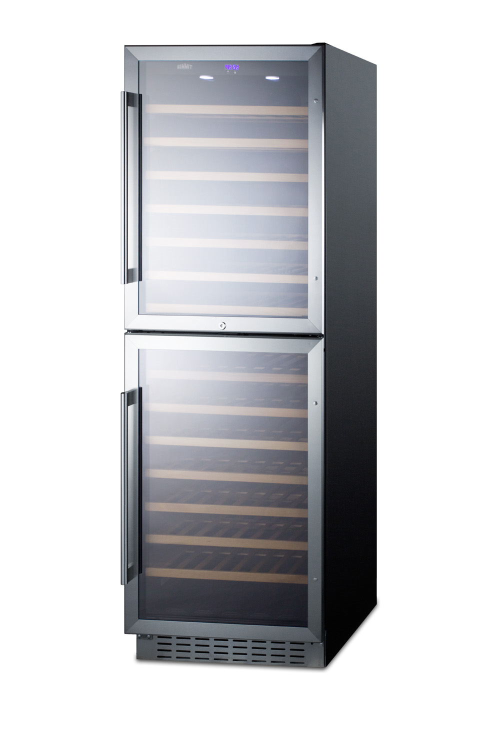 Dual zone 118 bottle commercial wine cellar designed for the display and refrigeration of beverages, with two glass doors and digital thermostats; for built-in or freestanding use